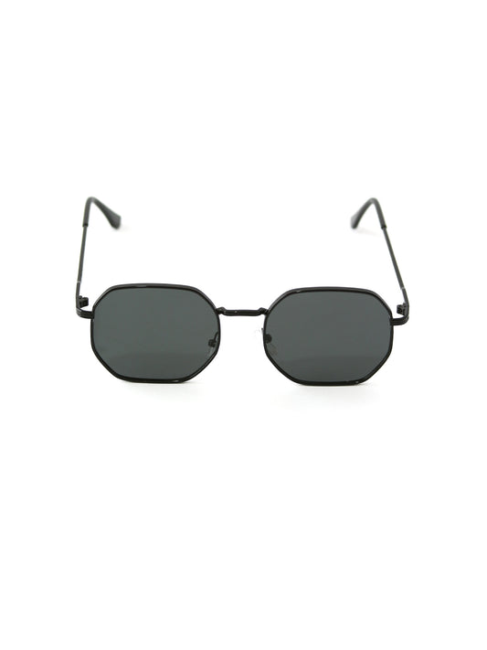 Gafas de sol estilo geométrico delgadas color negro con lente negro.