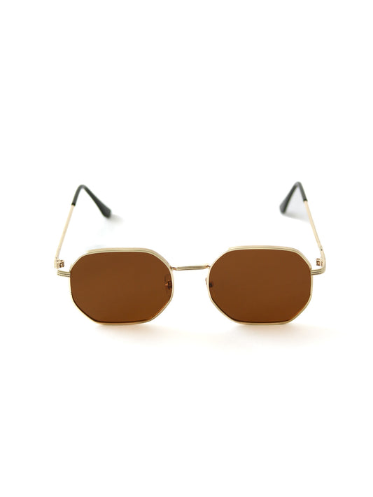 Gafas de sol estilo geométrico delgadas color dorado con lente café.
