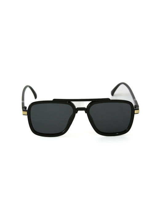 Gafas de sol estilo aviador cuadradas color negro con detalles dorados.