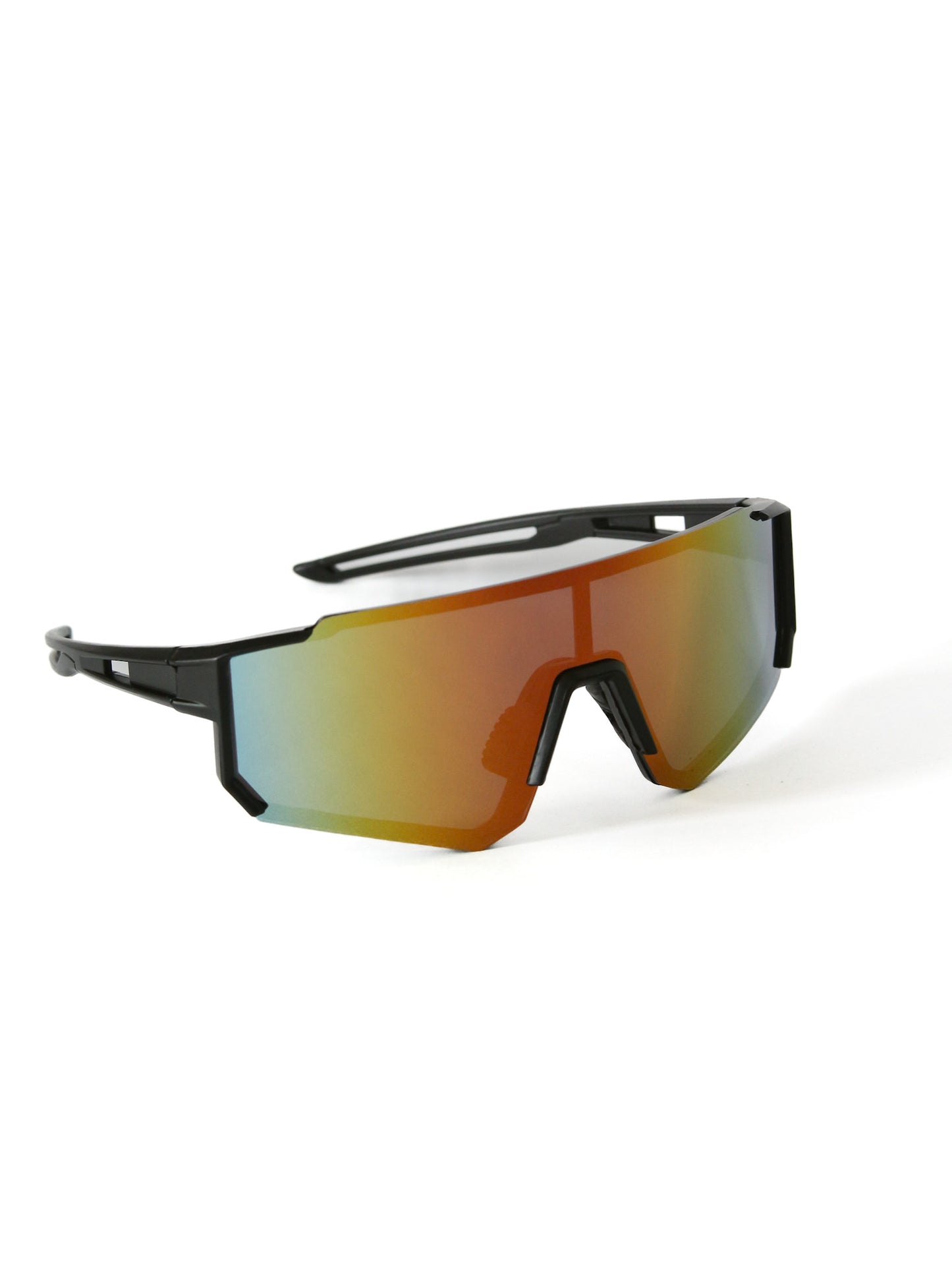 Gafas de sol estilo runner o cycling, marco color negro y lentes color holográfico.