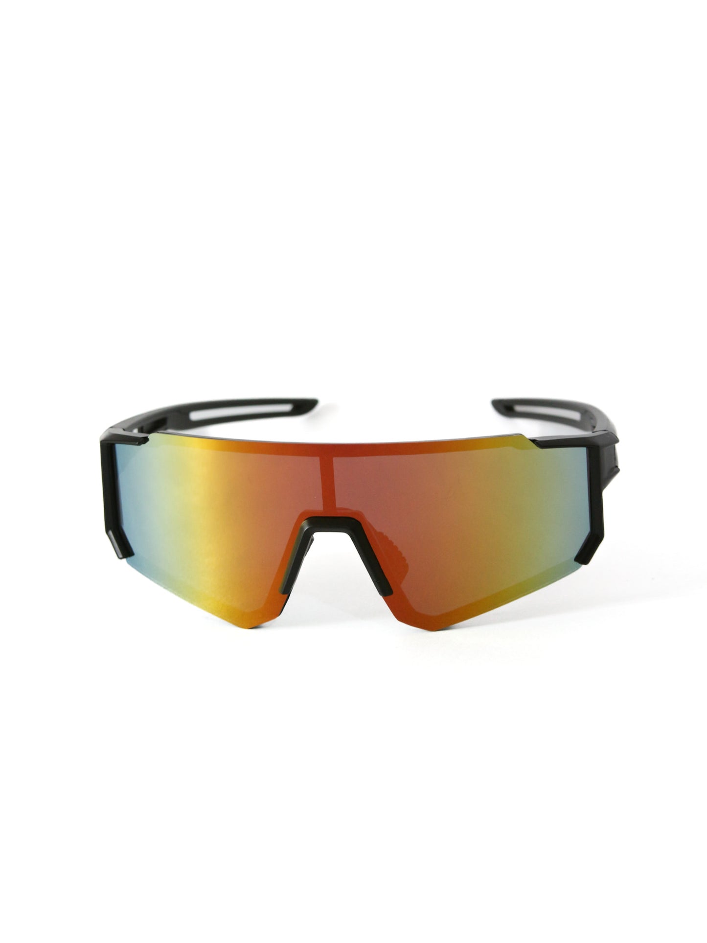 Gafas de sol estilo runner o cycling, marco color negro y lentes color holográfico.